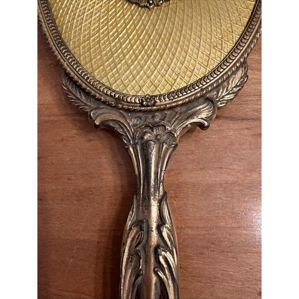 Antique Victorian Gilt Brass Vanity Set Mirror & Brush Matching Guilloché c.1900 - Picture 9 of 12